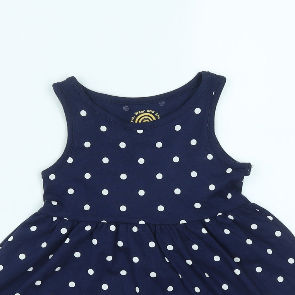 F&F Girls Blue Polka Dot Cotton Fit & Flare  Size 12-18 Months  Round Neck