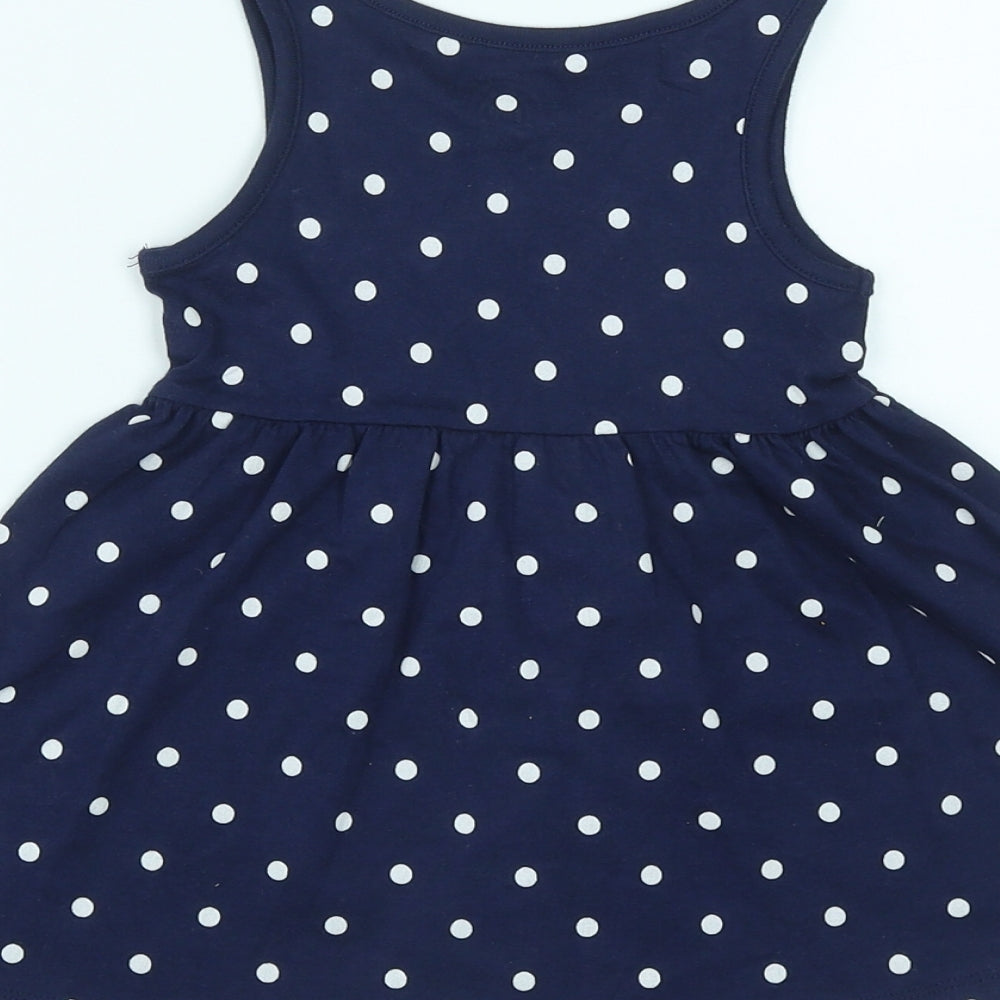 F&F Girls Blue Polka Dot Cotton Fit & Flare  Size 12-18 Months  Round Neck