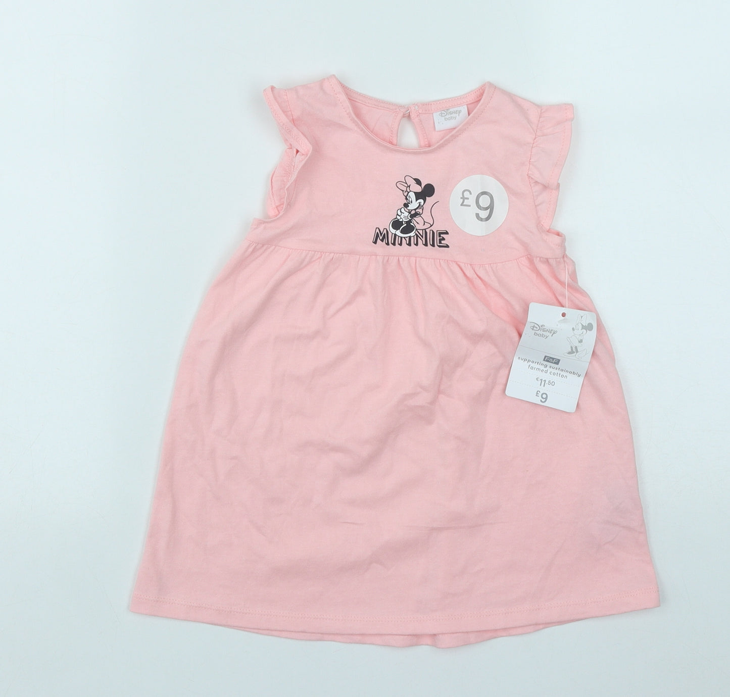 F&F Girls Pink  Cotton Fit & Flare  Size 12-18 Months  Round Neck Button - Minnie Mouse