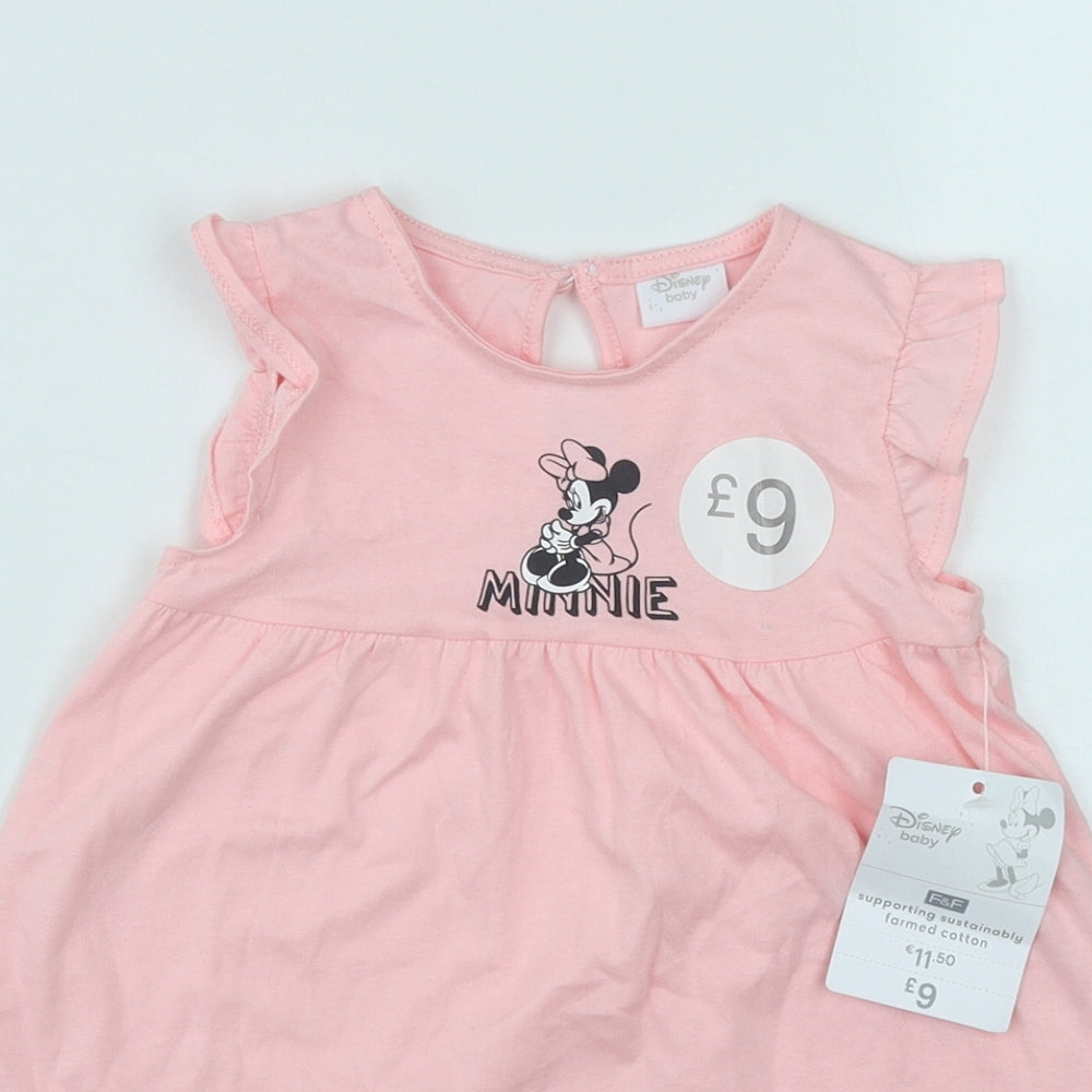 F&F Girls Pink  Cotton Fit & Flare  Size 12-18 Months  Round Neck Button - Minnie Mouse