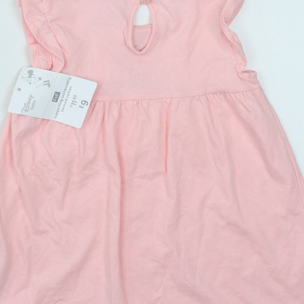 F&F Girls Pink  Cotton Fit & Flare  Size 12-18 Months  Round Neck Button - Minnie Mouse