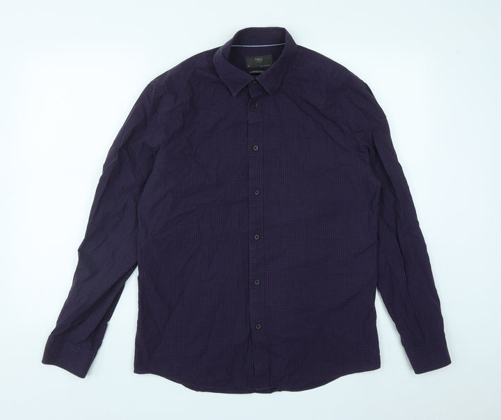 Marks and Spencer Mens Purple Plaid Cotton  Button-Up Size M Collared Button