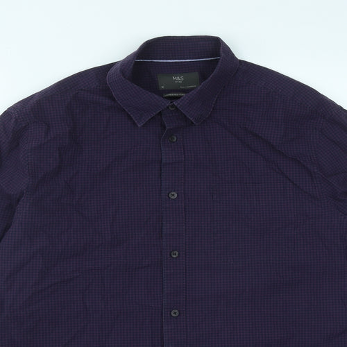 Marks and Spencer Mens Purple Plaid Cotton  Button-Up Size M Collared Button