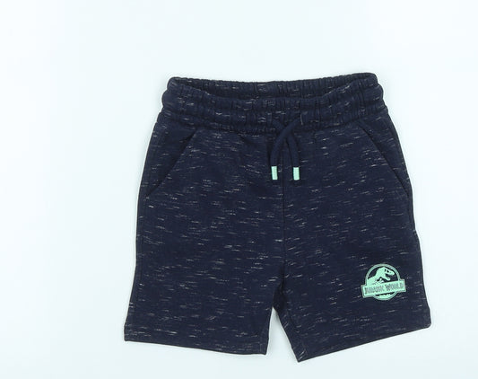 Front view of F&F boys’ blue cotton cropped trousers, size 18-24, months drawstring - jurassic world