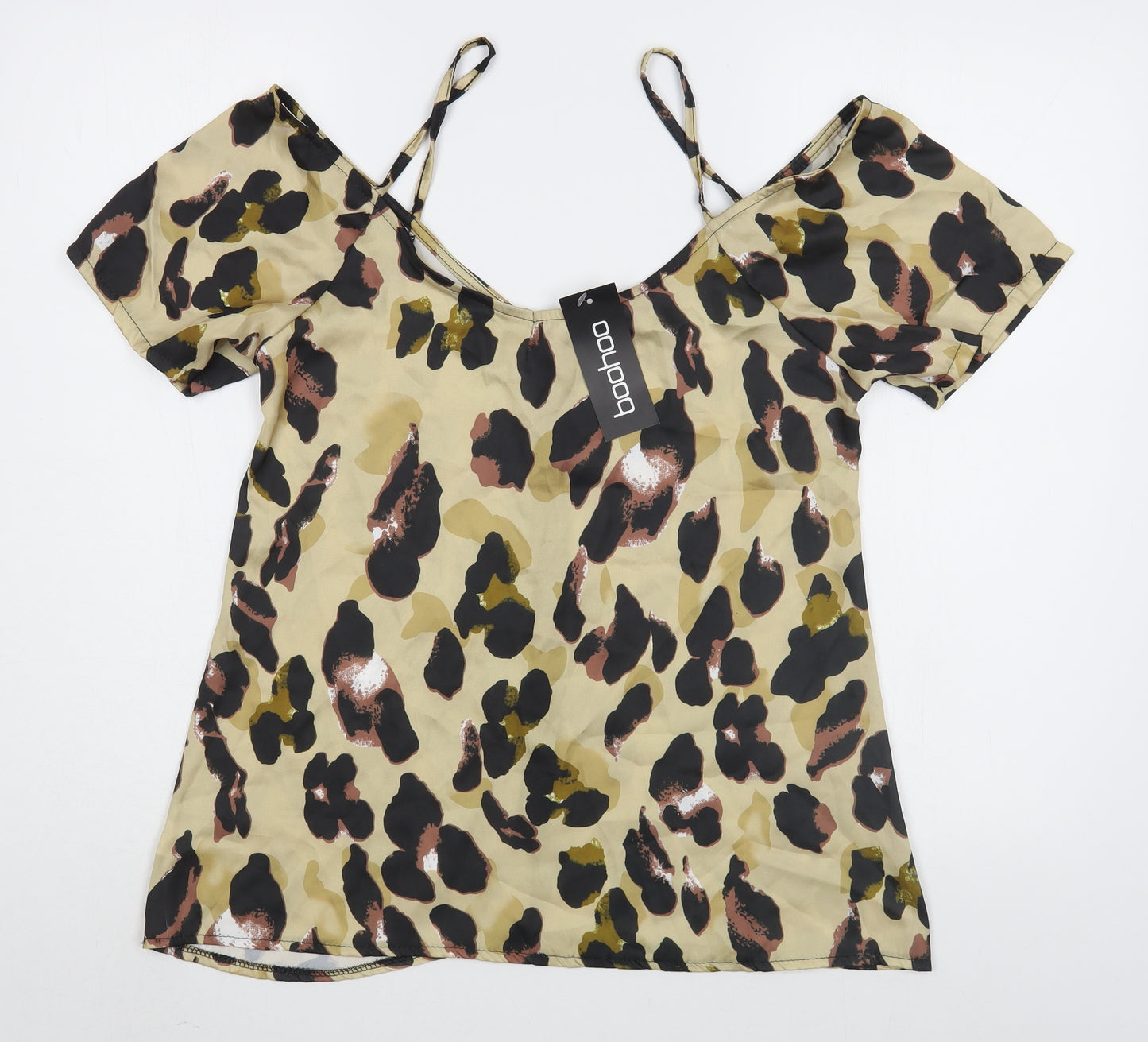 Boohoo Womens Brown Animal Print Polyester Basic Blouse Size 12 V-Neck