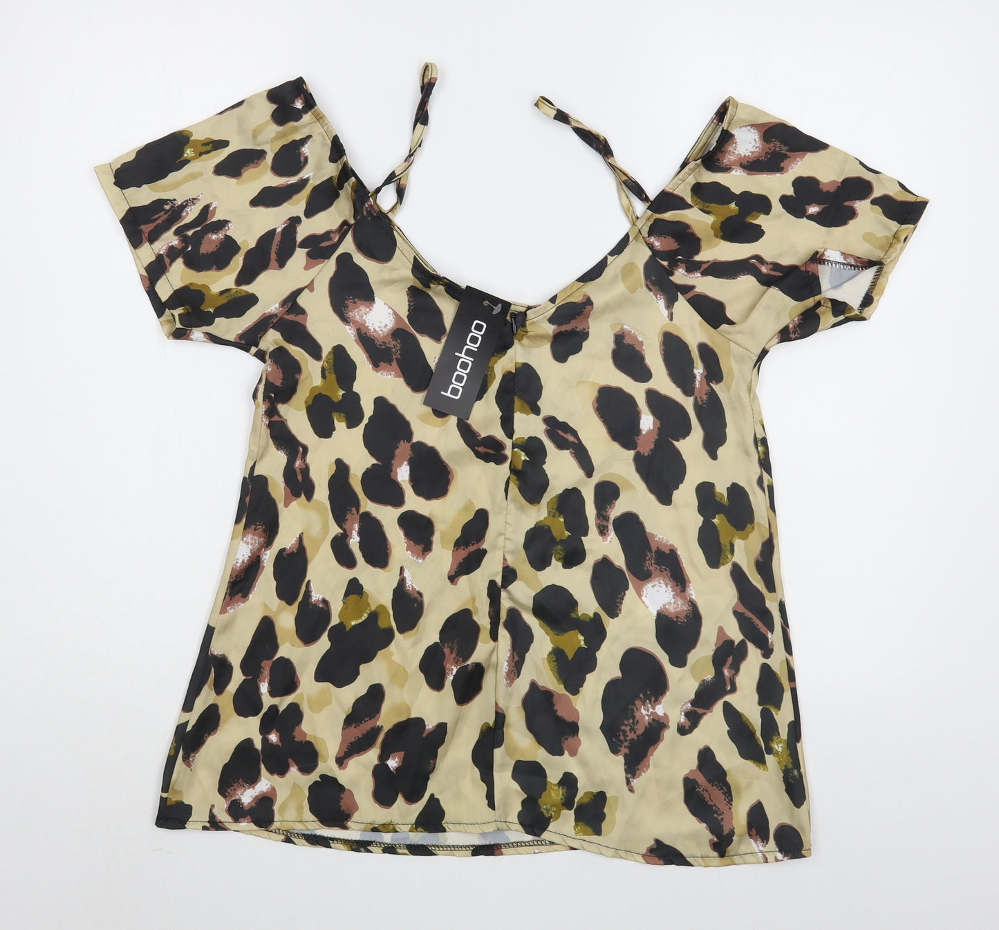 Boohoo Womens Brown Animal Print Polyester Basic Blouse Size 12 V-Neck