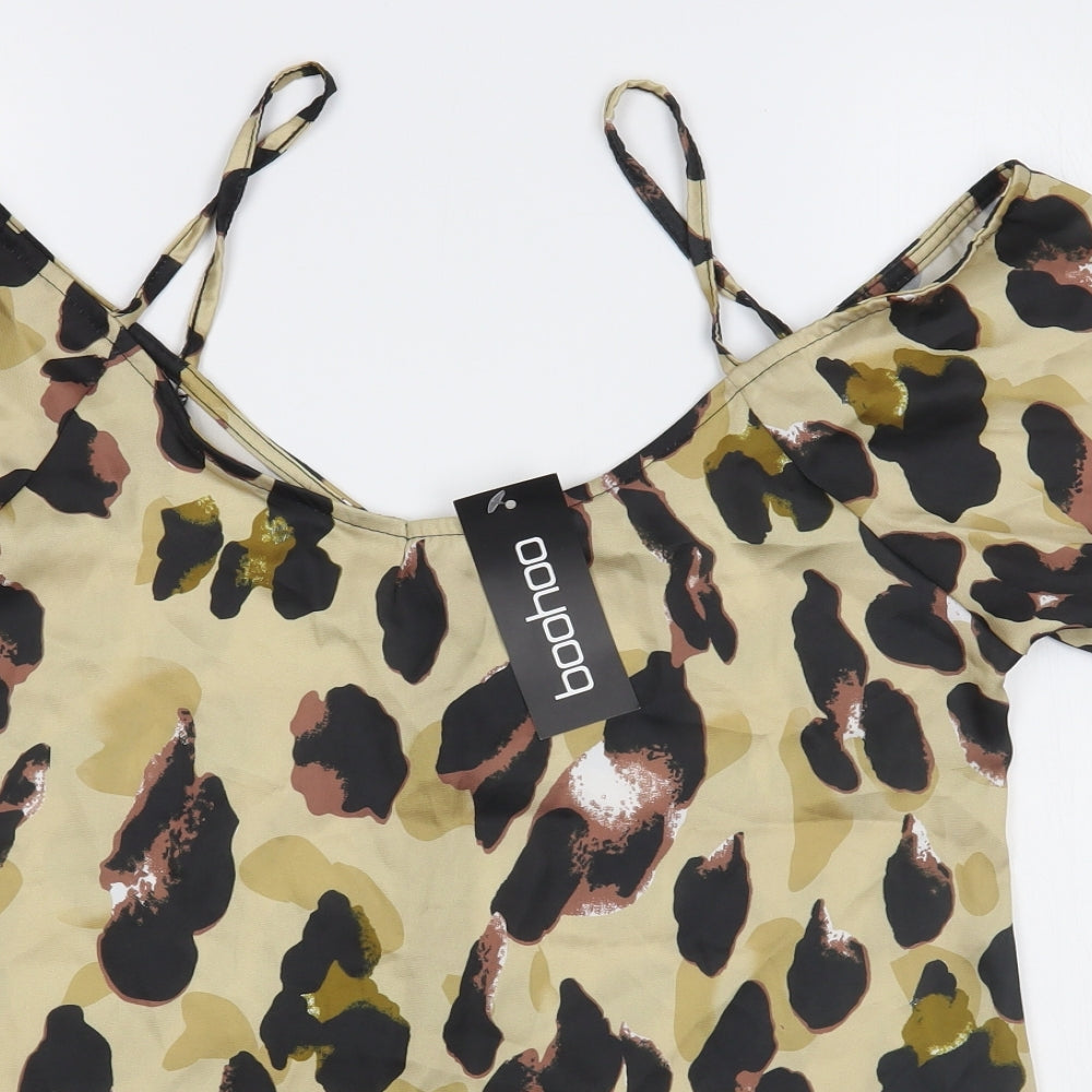 Boohoo Womens Brown Animal Print Polyester Basic Blouse Size 12 V-Neck
