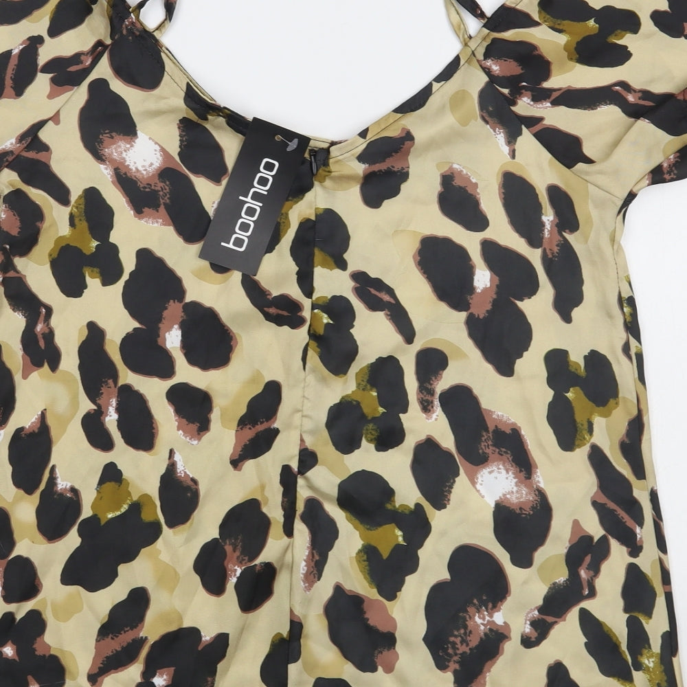 Boohoo Womens Brown Animal Print Polyester Basic Blouse Size 12 V-Neck