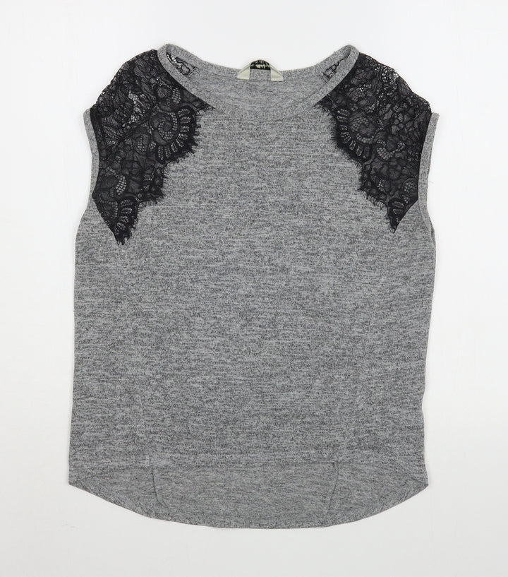 Miss Selfridge Womens Grey  Polyester Basic T-Shirt Size 6 Boat Neck