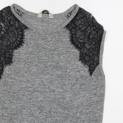 Miss Selfridge Womens Grey  Polyester Basic T-Shirt Size 6 Boat Neck