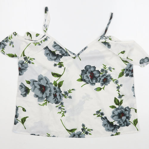 Preworn Womens White Floral Polyester Basic Blouse Size L V-Neck