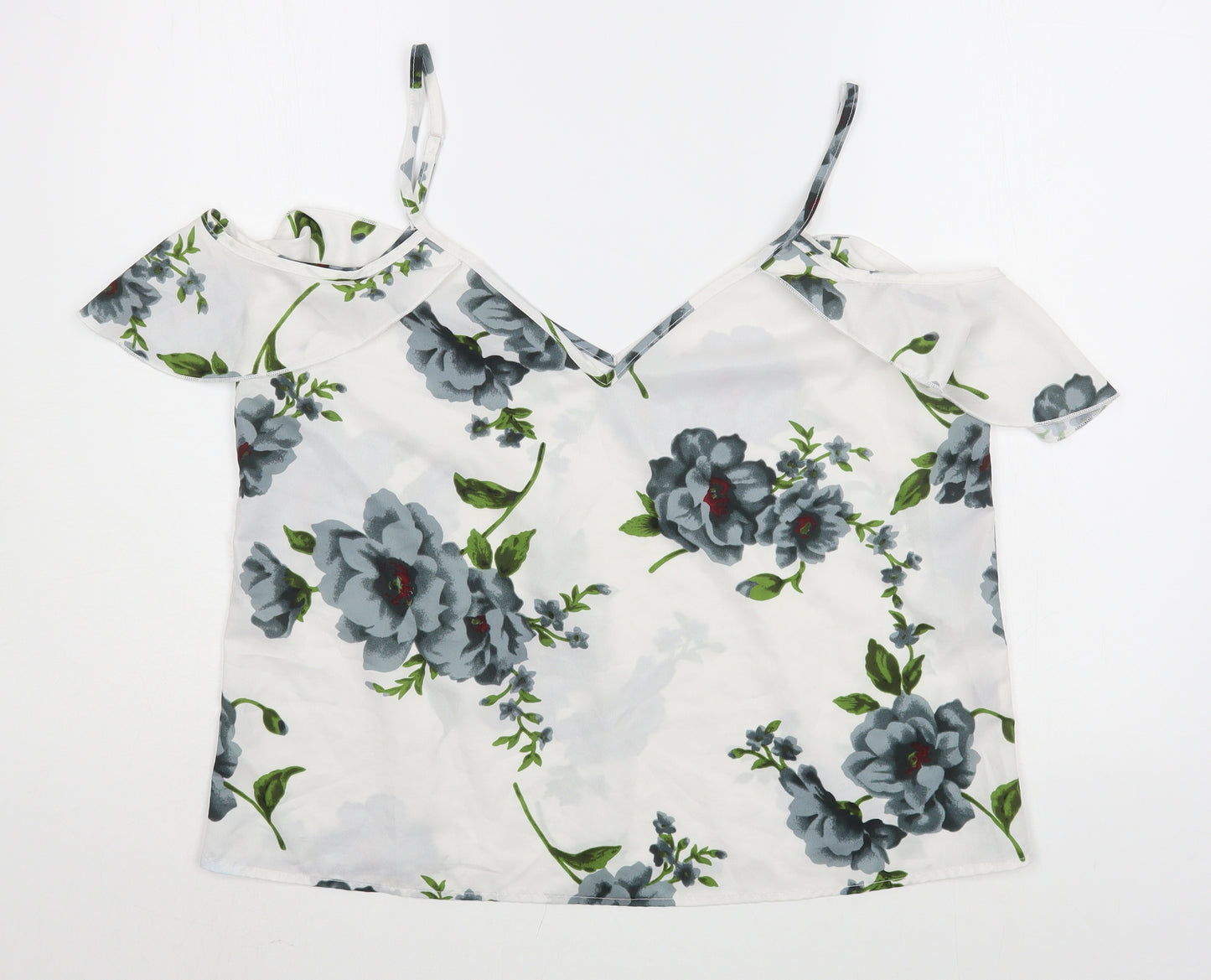 Preworn Womens White Floral Polyester Basic Blouse Size L V-Neck