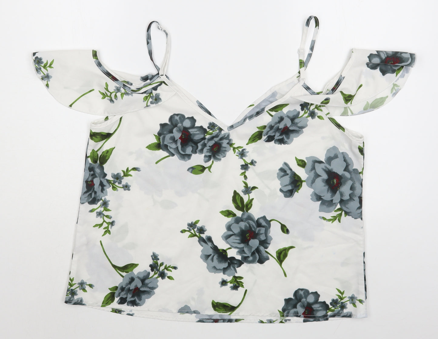 Preworn Womens White Floral Polyester Basic Blouse Size L V-Neck