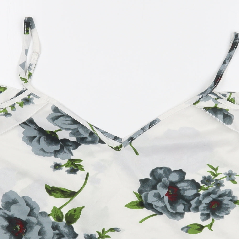 Preworn Womens White Floral Polyester Basic Blouse Size L V-Neck