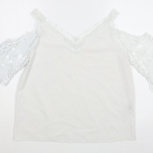 Preworn Womens White  Polyester Basic Blouse Size L V-Neck