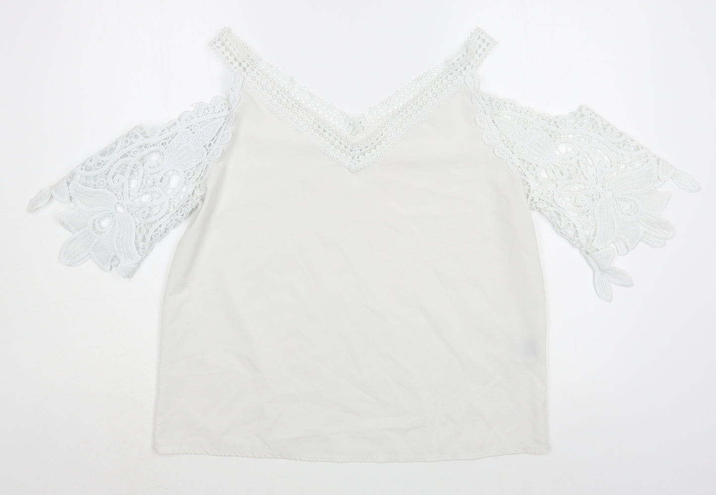 Preworn Womens White  Polyester Basic Blouse Size L V-Neck