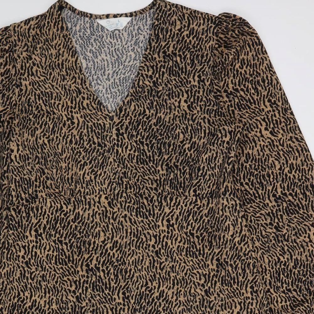 Primark Womens Brown Animal Print Polyester A-Line  Size L  V-Neck Pullover