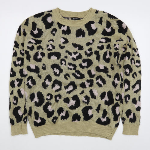 Maglia Womens Brown Round Neck Animal Print Acrylic Pullover Jumper Size L