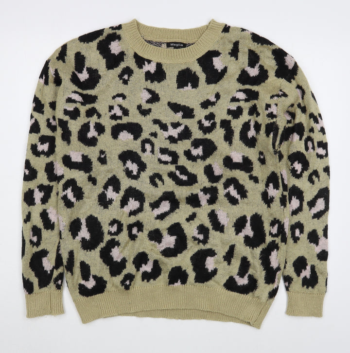 Maglia Womens Brown Round Neck Animal Print Acrylic Pullover Jumper Size L