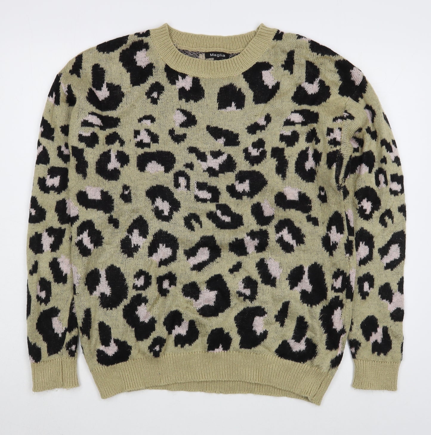 Maglia Womens Brown Round Neck Animal Print Acrylic Pullover Jumper Size L