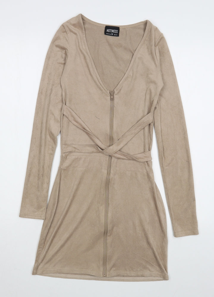 HOT!MESS Womens Beige Polyester Bodycon Size XS V-Neck Zip