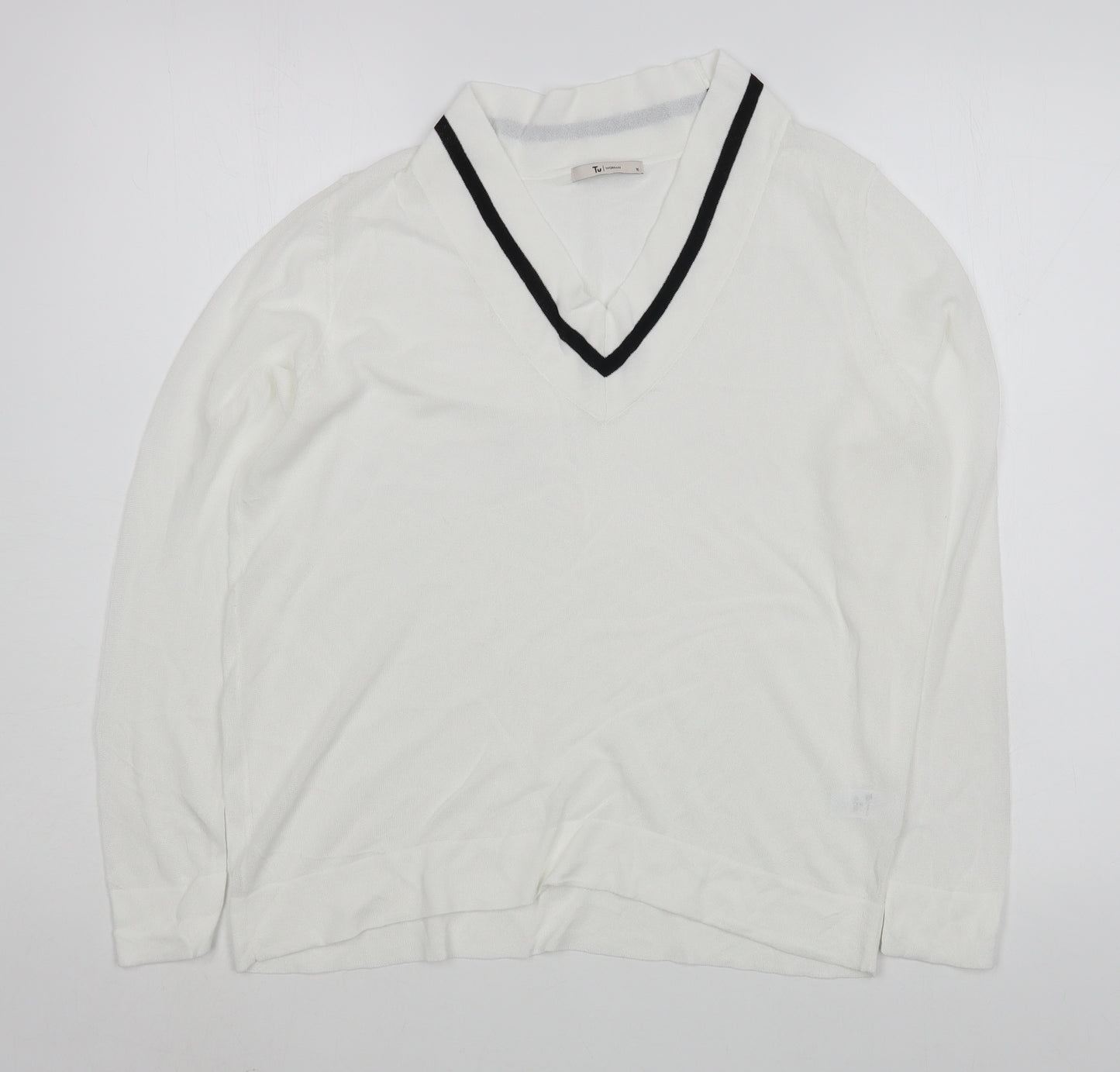 TU Womens White V-Neck  Viscose Pullover Jumper Size 18