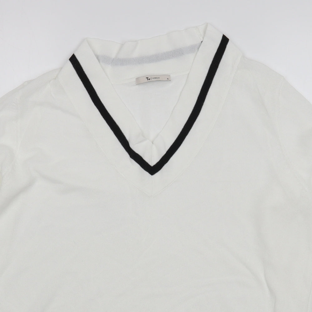 TU Womens White V-Neck  Viscose Pullover Jumper Size 18