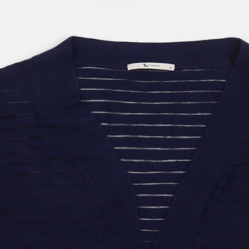 TU Womens Blue V-Neck Striped Cotton Cardigan Jumper Size 12