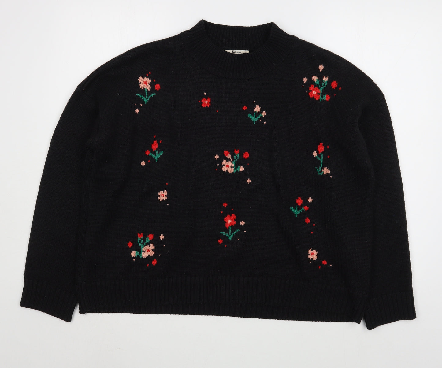 TU Womens Black Round Neck Geometric Acrylic Pullover Jumper Size 16