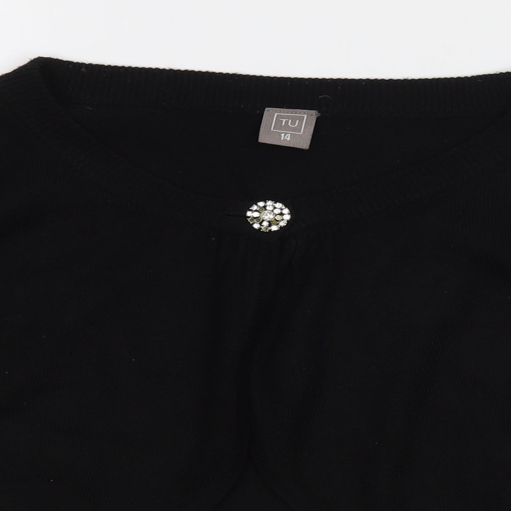 TU Womens Black V-Neck  Acrylic Cardigan Jumper Size 14