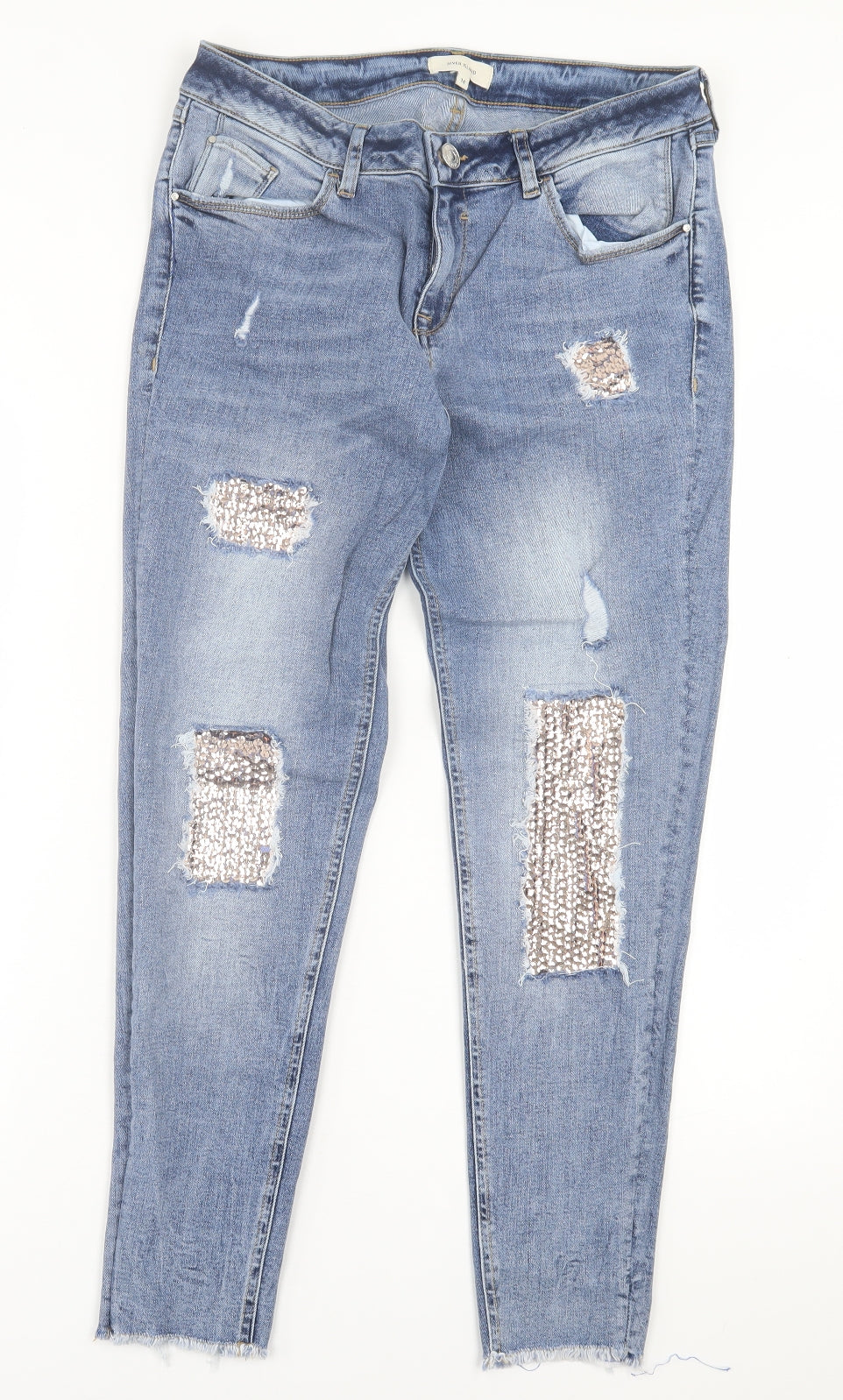 River Island Womens Blue  Cotton Skinny Jeans Size 14 L28 in Regular Button