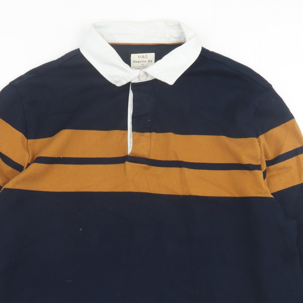 Marks and Spencer Mens Blue Striped Cotton  Polo Size XL Collared Button