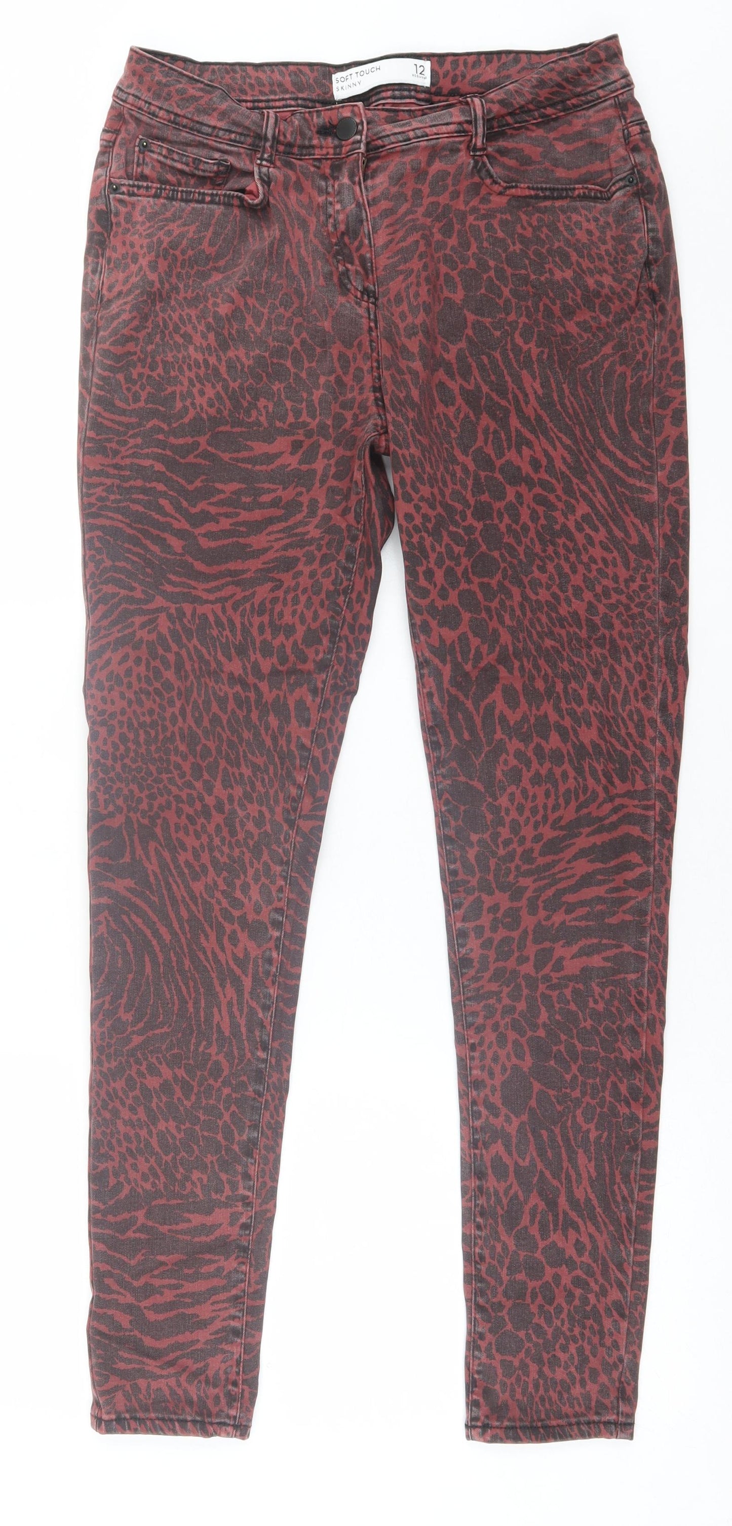 NEXT Womens Red Animal Print Cotton Skinny Jeans Size 12 L30 in Regular Button