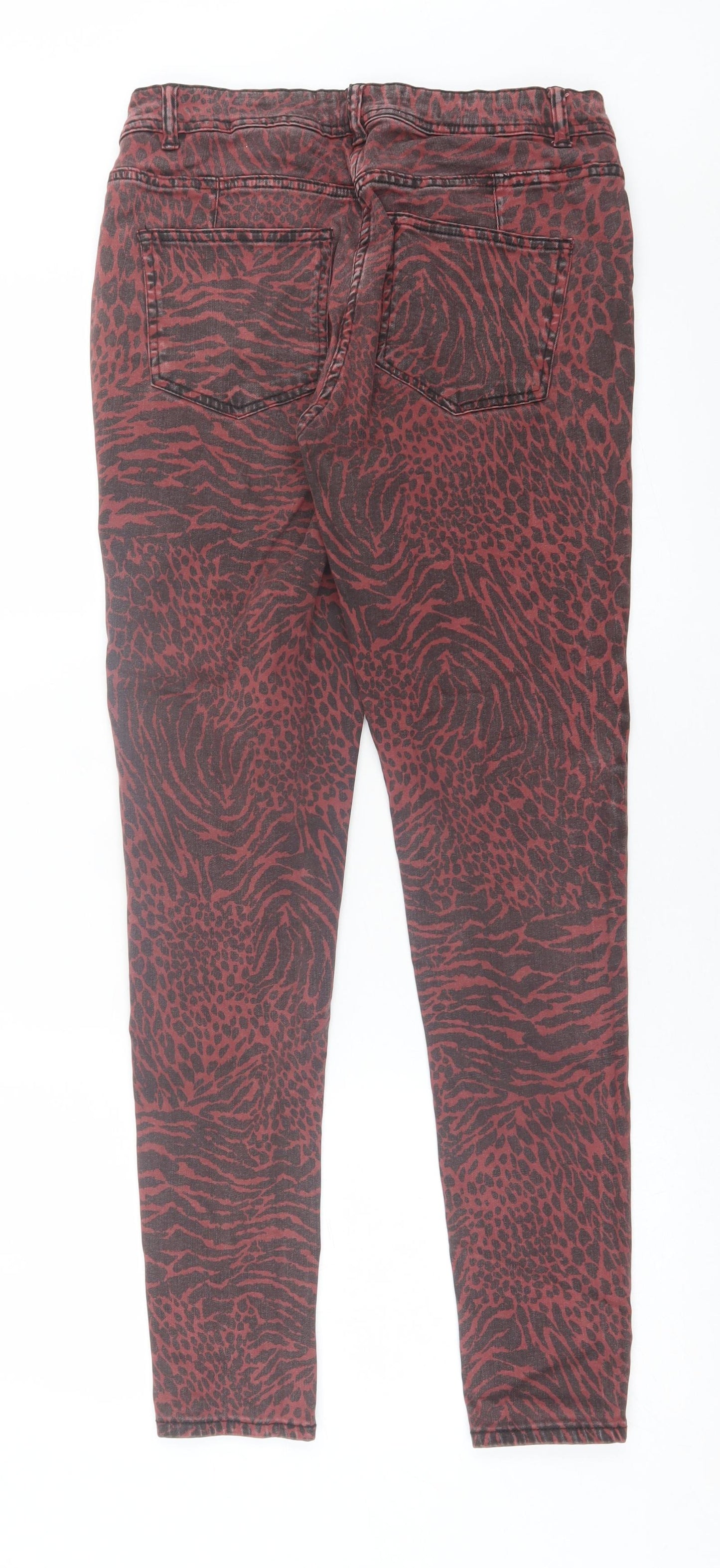 NEXT Womens Red Animal Print Cotton Skinny Jeans Size 12 L30 in Regular Button