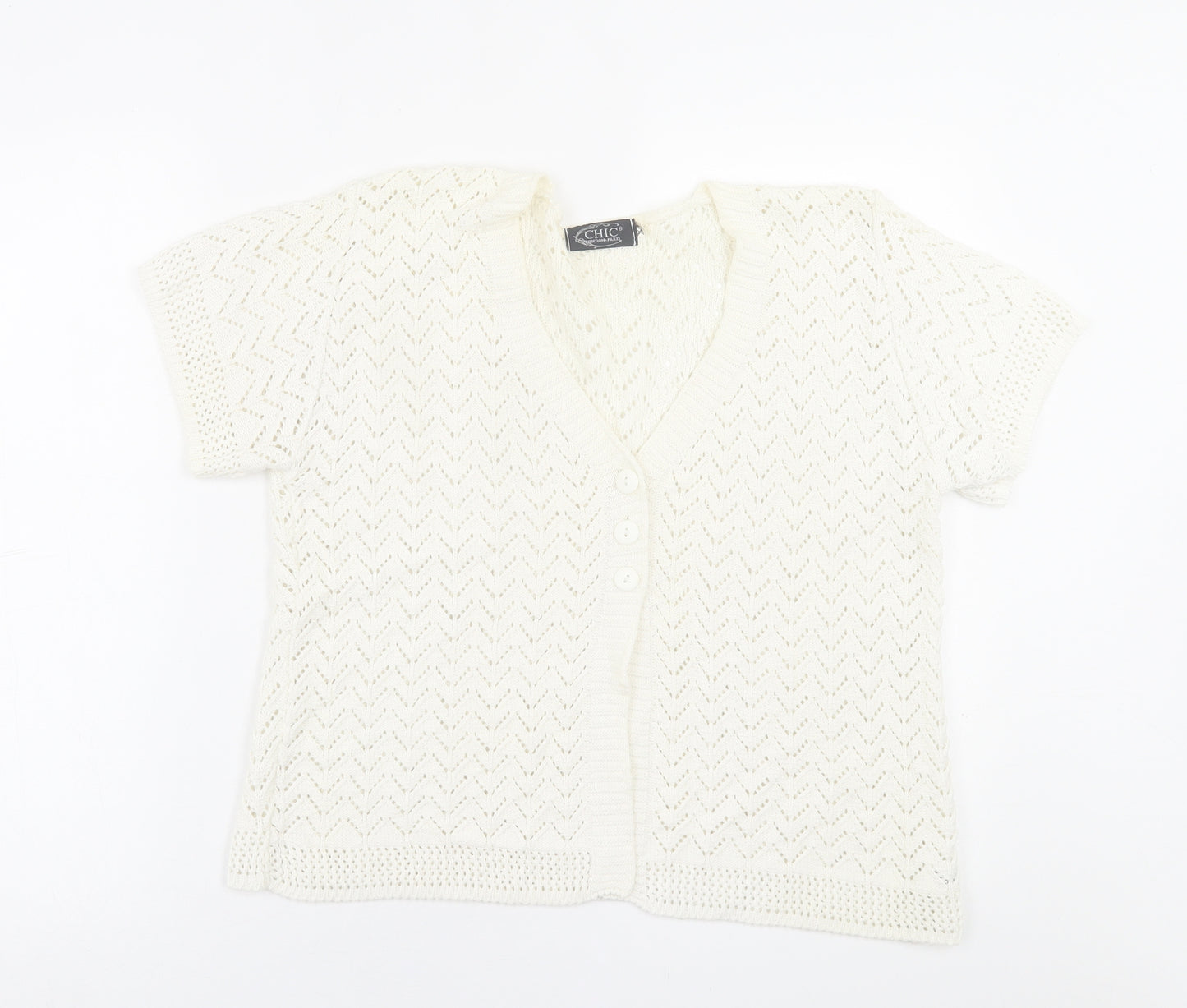 Chic London Paris Womens White V-Neck  Acrylic Cardigan Jumper Size XL