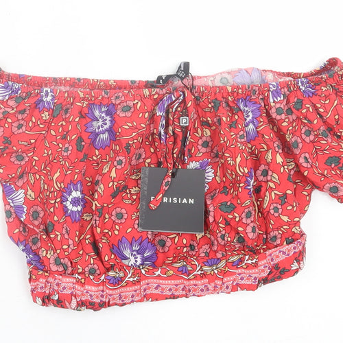PARISIAN SIGNATURE Womens Red Floral Viscose Cropped T-Shirt Size 10 Off the Shoulder