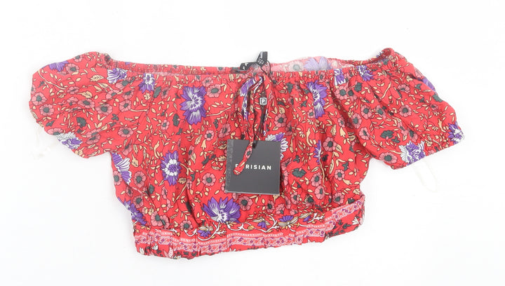 PARISIAN SIGNATURE Womens Red Floral Viscose Cropped T-Shirt Size 10 Off the Shoulder
