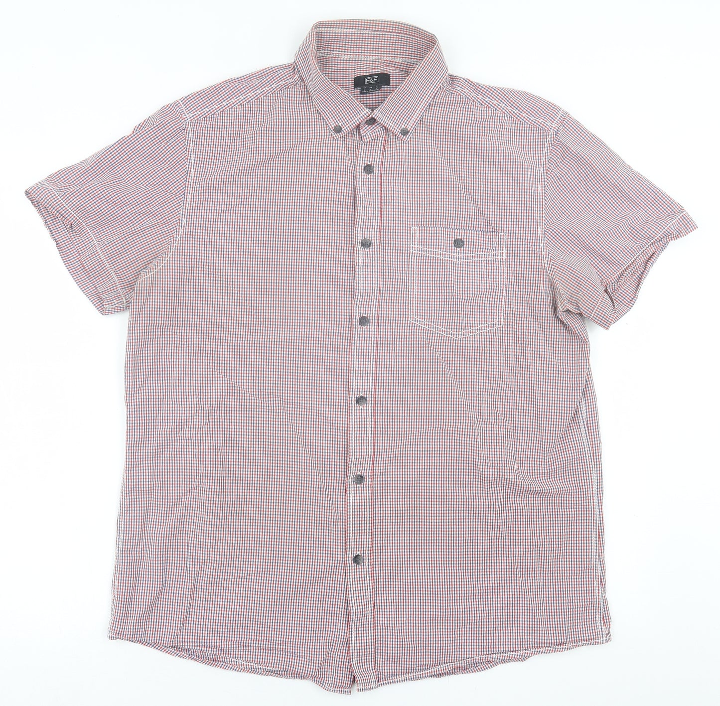 F&F Mens Red Plaid Polyester  Button-Up Size L Collared Button