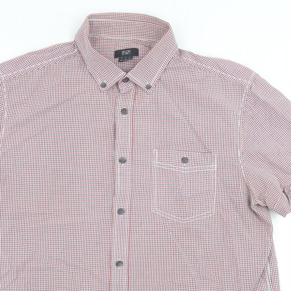 F&F Mens Red Plaid Polyester  Button-Up Size L Collared Button