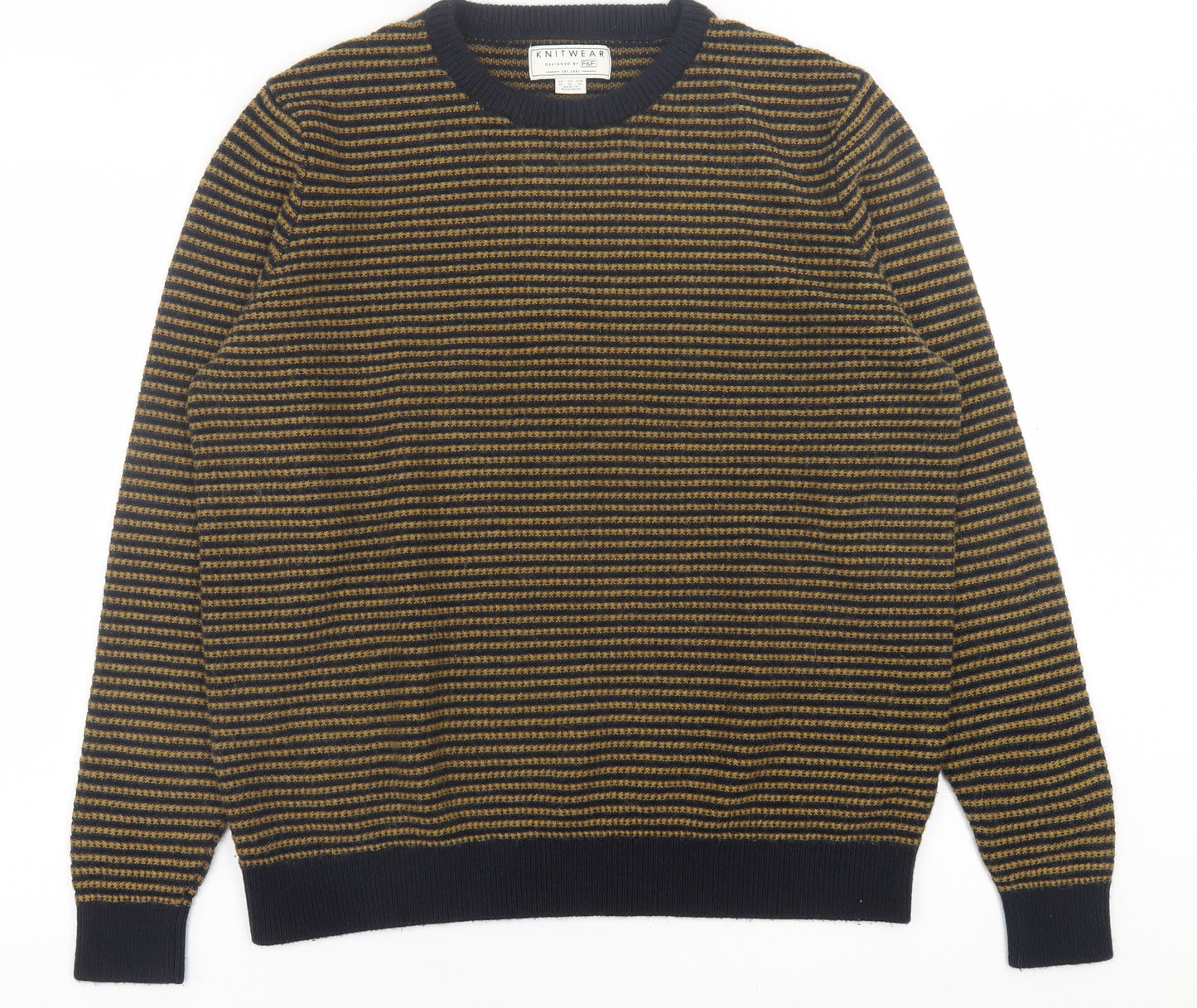 F&F Mens Yellow Crew Neck Geometric Acrylic Pullover Jumper Size XL