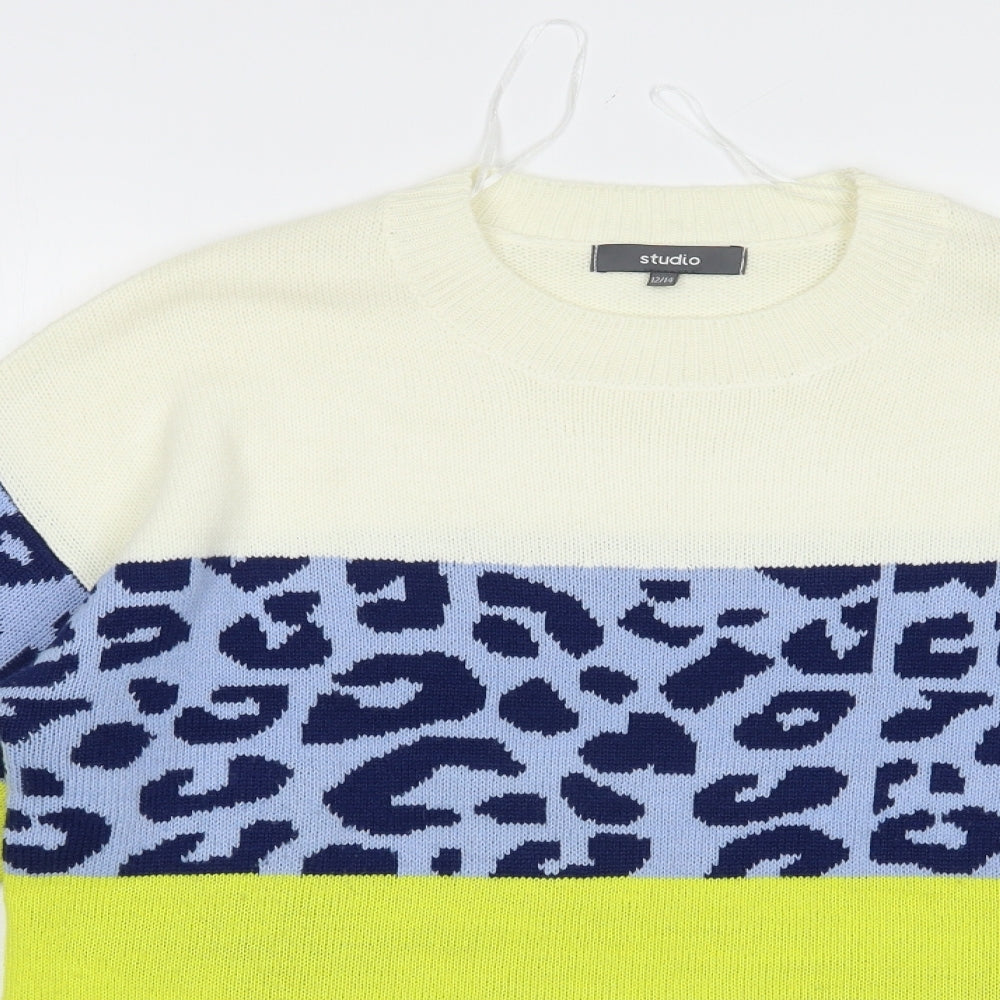 Studio Womens Multicoloured Crew Neck Animal Print Acrylic Pullover Jumper Size 12
