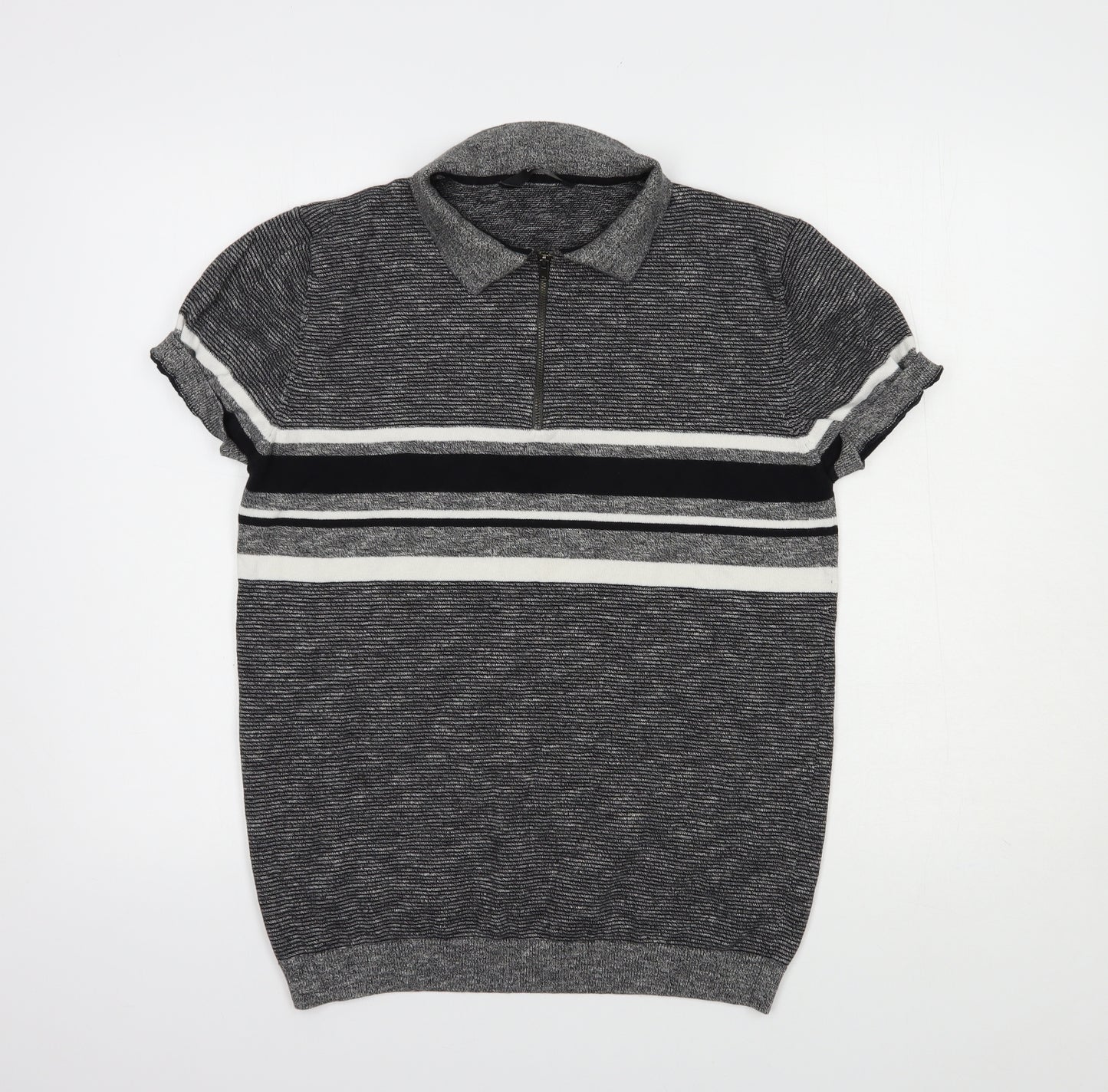 George Mens Grey Striped Cotton  Polo Size M Collared Zip