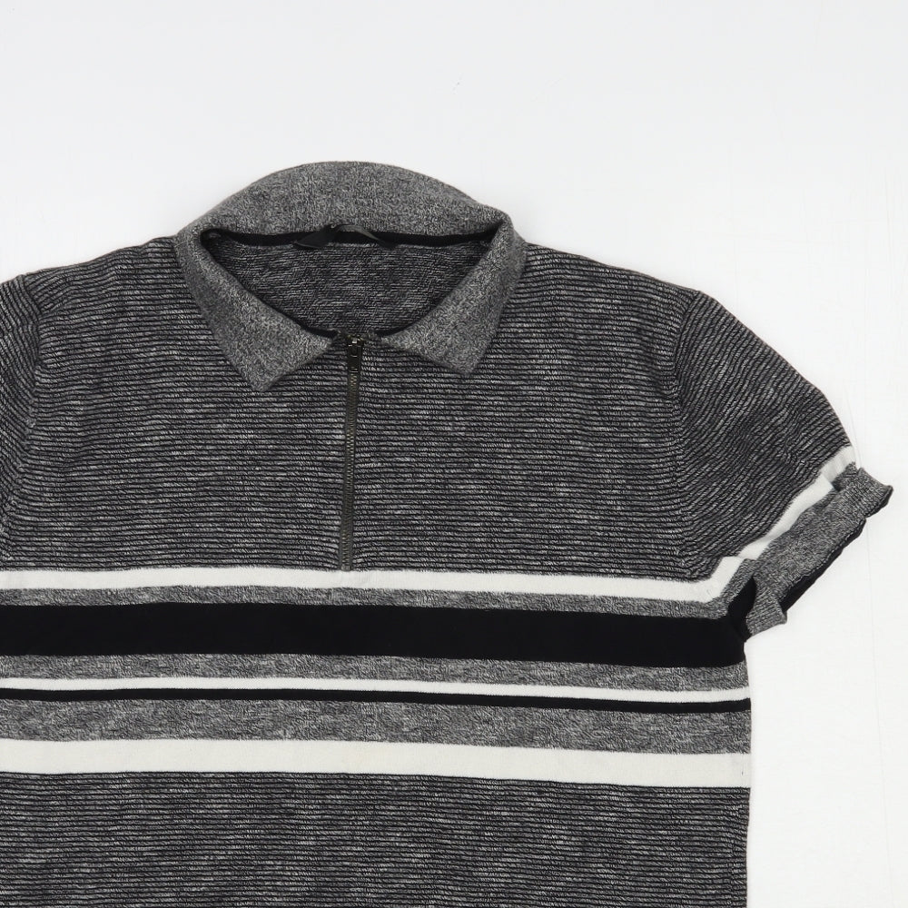 George Mens Grey Striped Cotton  Polo Size M Collared Zip