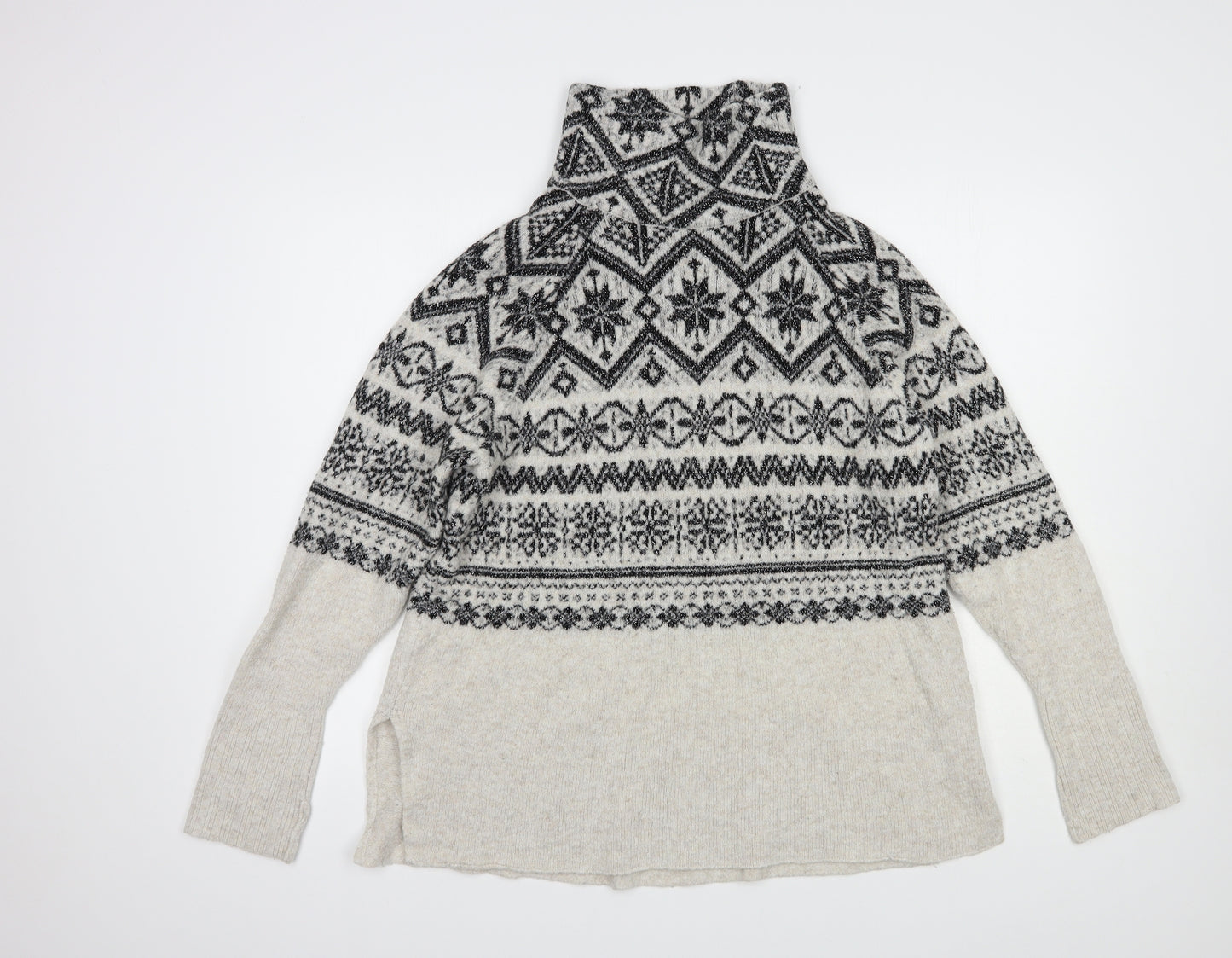 H&M Womens Grey High Neck Fair Isle Acrylic Pullover Jumper Size S