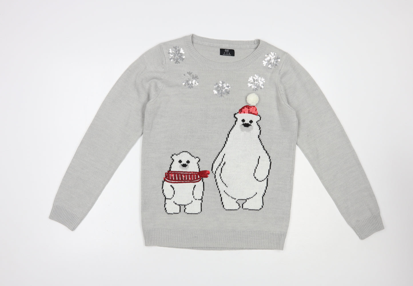 F&F Womens Grey Crew Neck  Acrylic Pullover Jumper Size 8   - Christmas Jumper