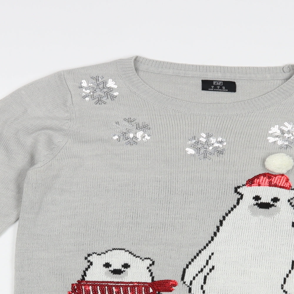 F&F Womens Grey Crew Neck  Acrylic Pullover Jumper Size 8   - Christmas Jumper