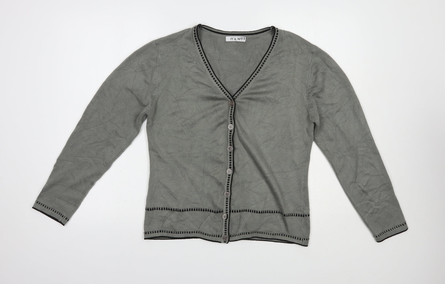 H&W Womens Grey V-Neck  Acrylic Cardigan Jumper Size M
