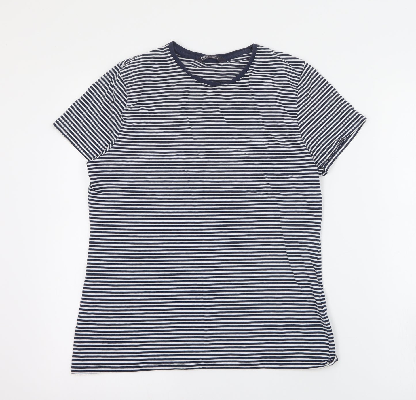 Marks and Spencer Womens Blue Striped Cotton Basic T-Shirt Size 14 Round Neck