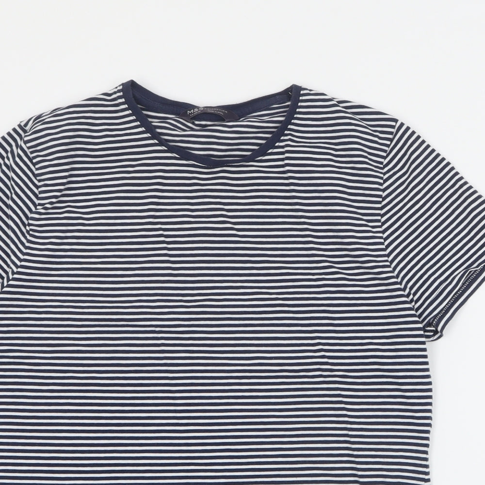 Marks and Spencer Womens Blue Striped Cotton Basic T-Shirt Size 14 Round Neck