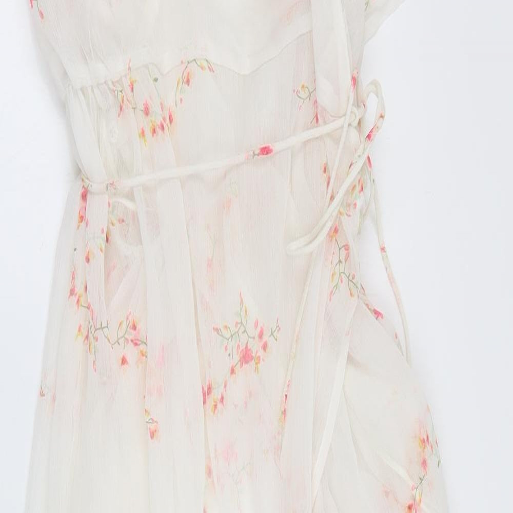 NEXT Womens White Floral Polyester Maxi  Size S  V-Neck Tie - Beach cover up